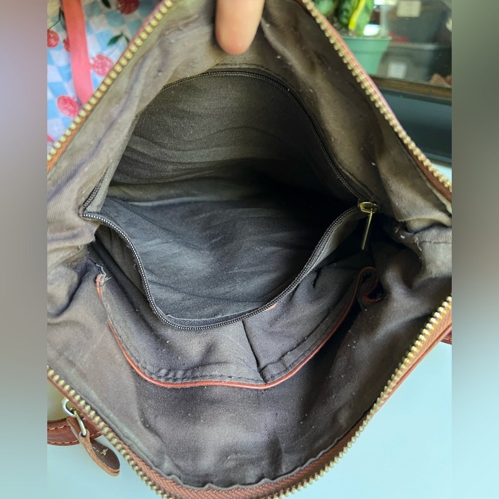 Genuine Leather Cognac Slouchy Hobo Multi Zip/Compartment Crossbody Bag - Picture 8 of 10